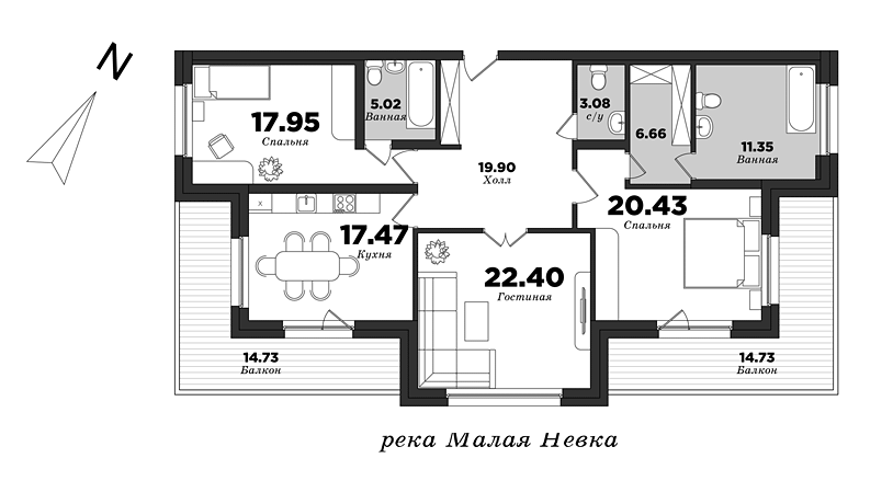 Крестовский De Luxe, Корпус 6, 3 спальни, 139 м² | планировка элитных квартир Санкт-Петербурга | М16